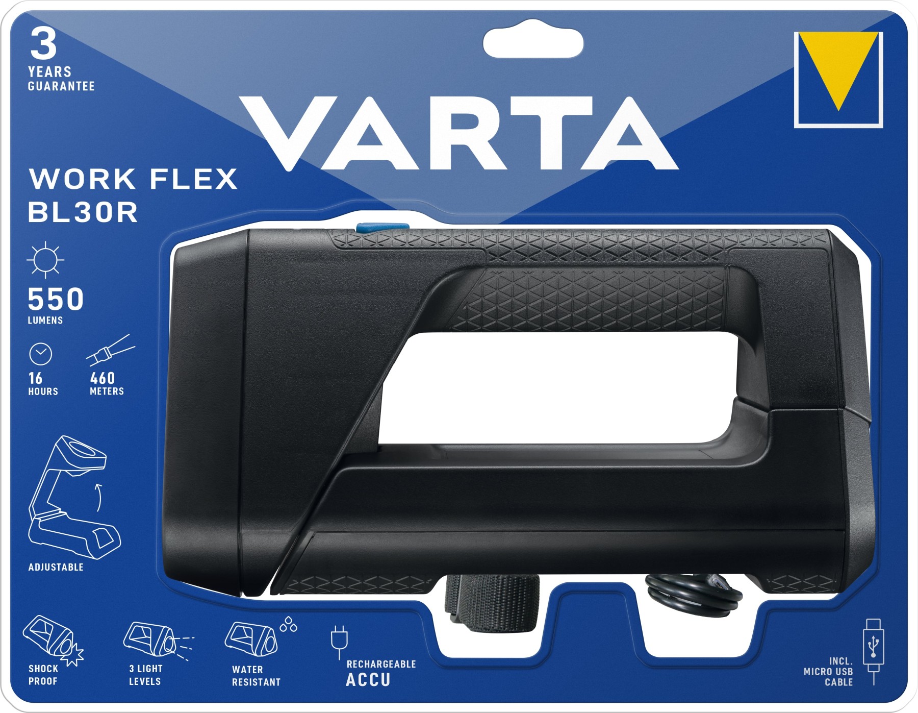 VARTA Work Flex BL30R Rechargeable LED Torch 550 Lumens